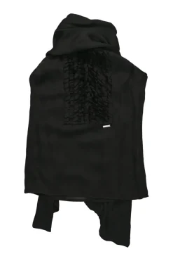 Black draped silk tie-neck sleeveless blouse with ruched bib