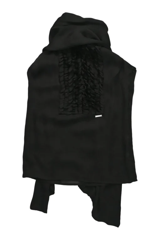 Black draped silk tie-neck sleeveless blouse with ruched bib