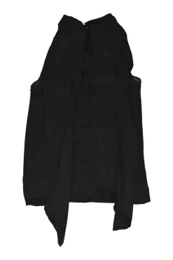Black draped silk tie-neck sleeveless blouse with ruched bib
