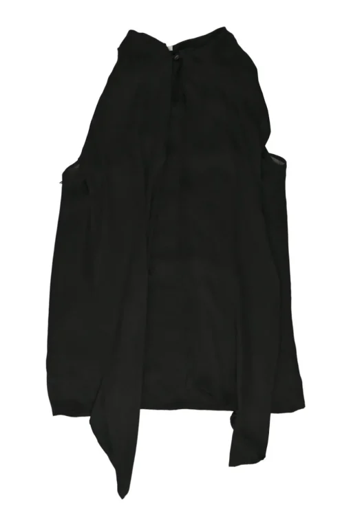 Black draped silk tie-neck sleeveless blouse with ruched bib