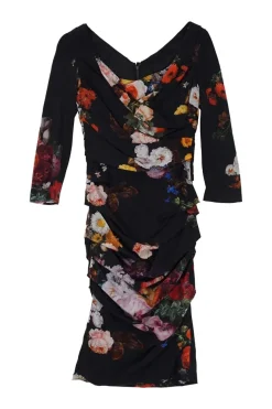 Black draped silk-blend floral print ruched off-shoulder sheath dress