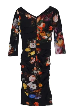 Black draped silk-blend floral print ruched off-shoulder sheath dress