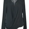 Black draped silk-blend plunge neck wrap-effect long sleeve blouse