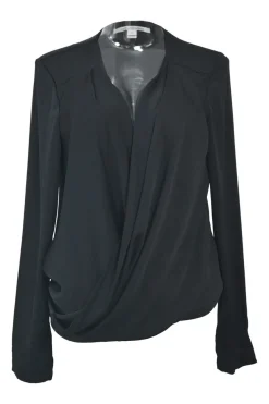 Black draped silk-blend plunge neck wrap-effect long sleeve blouse