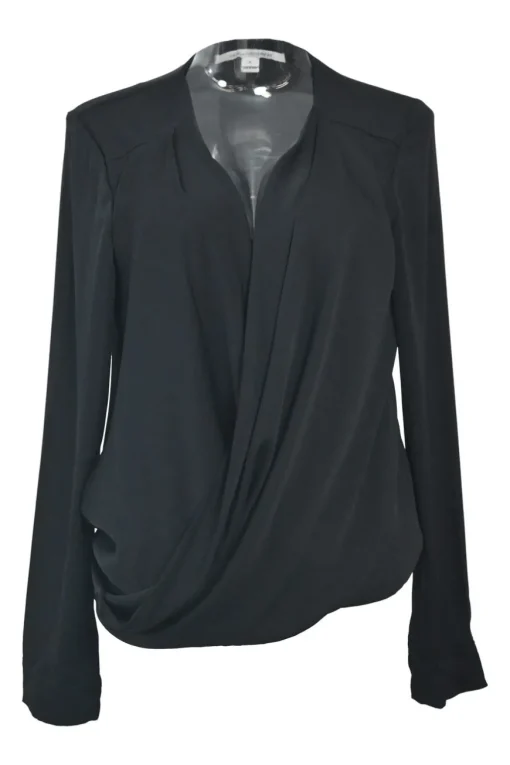 Black draped silk-blend plunge neck wrap-effect long sleeve blouse