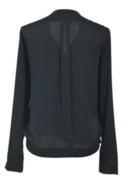 Black draped silk-blend plunge neck wrap-effect long sleeve blouse