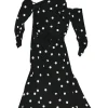 Black draped silk-Lycra blend polka dot print knot one-shoulder midi dress