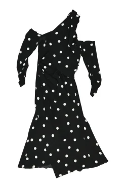 Black draped silk-Lycra blend polka dot print knot one-shoulder midi dress