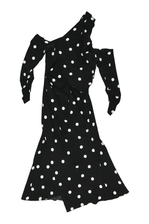 Black draped silk-Lycra blend polka dot print knot one-shoulder midi dress