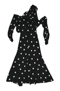 Black draped silk-Lycra blend polka dot print knot one-shoulder midi dress