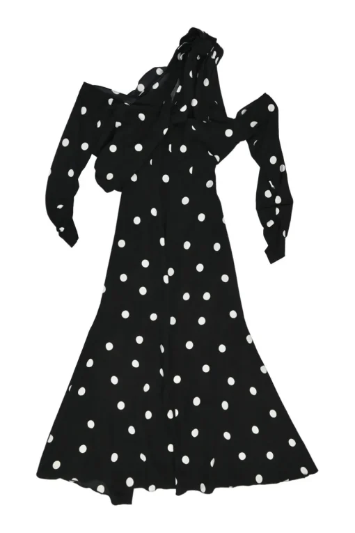 Black draped silk-Lycra blend polka dot print knot one-shoulder midi dress