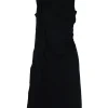 Black draped silk-spandex blend sleeveless knee-length sheath dress with asymmetric ruching details