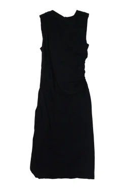 Black draped silk-spandex blend sleeveless knee-length sheath dress with asymmetric ruching details