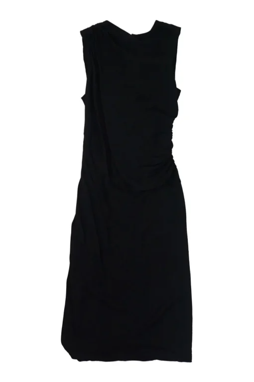 Black draped silk-spandex blend sleeveless knee-length sheath dress with asymmetric ruching details