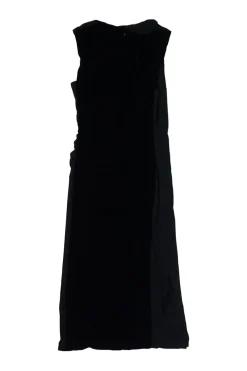 Black draped silk-spandex blend sleeveless knee-length sheath dress with asymmetric ruching details