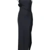Black draped stretch-jersey asymmetrical sleeveless floral-embellished cocktail dress with cutout detail