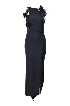 Black draped stretch-jersey asymmetrical sleeveless floral-embellished cocktail dress with cutout detail