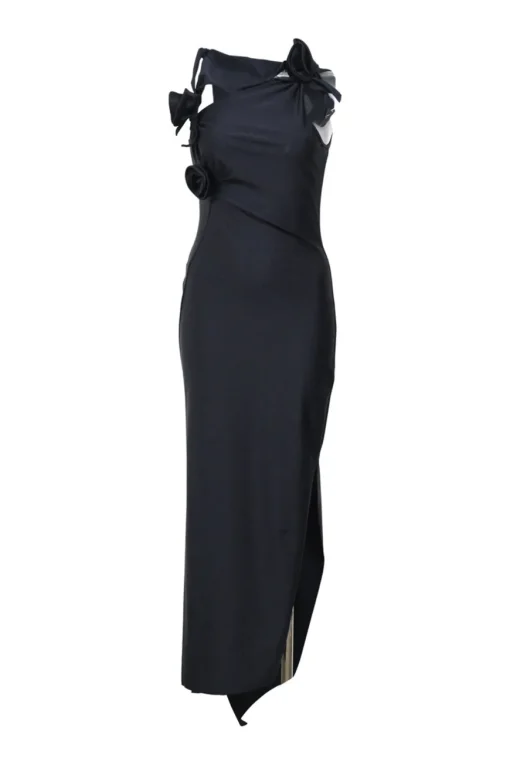Black draped stretch-jersey asymmetrical sleeveless floral-embellished cocktail dress with cutout detail