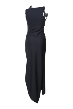 Black draped stretch-jersey asymmetrical sleeveless floral-embellished cocktail dress with cutout detail