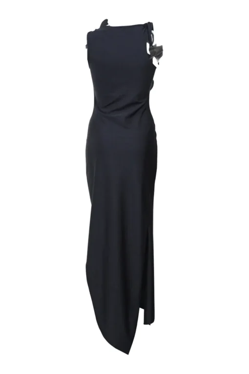 Black draped stretch-jersey asymmetrical sleeveless floral-embellished cocktail dress with cutout detail