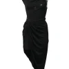 Black draped stretch-mesh asymmetrical one-shoulder dress with crystal-embellished shoulder detail