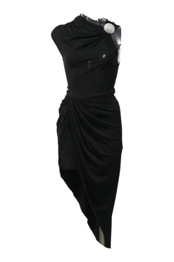 Black draped stretch-mesh asymmetrical one-shoulder dress with crystal-embellished shoulder detail