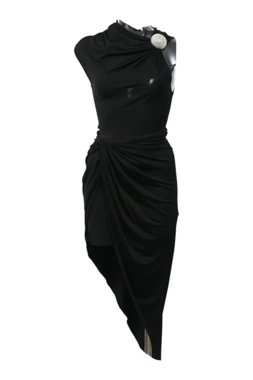 Black draped stretch-mesh asymmetrical one-shoulder dress with crystal-embellished shoulder detail