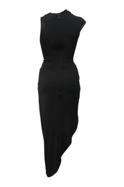Black draped stretch-mesh asymmetrical one-shoulder dress with crystal-embellished shoulder detail