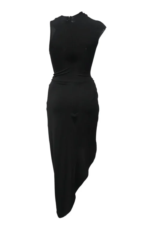 Black draped stretch-mesh asymmetrical one-shoulder dress with crystal-embellished shoulder detail