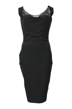 Black draped Tactel-blend sweetheart bustier sheath dress with portrait back