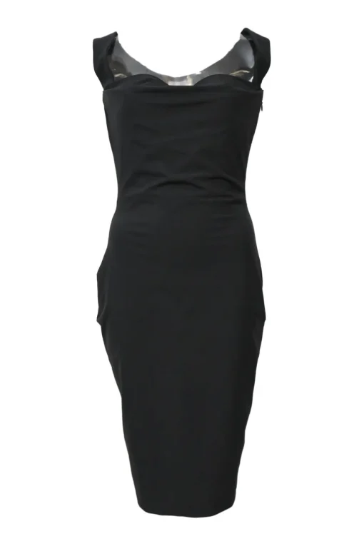 Black draped Tactel-blend sweetheart bustier sheath dress with portrait back
