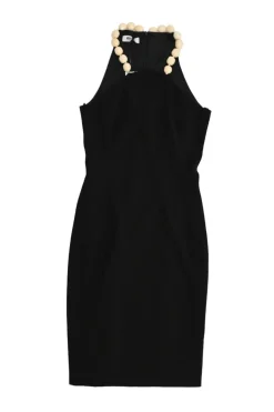Black draped triacetate-blend racerback sheath dress with built-in bead choker necklace