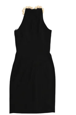 Black draped triacetate-blend racerback sheath dress with built-in bead choker necklace