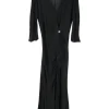 Black draped viscose jersey ruched wrap-effect short sleeve dress with diamante logo brooch appliqué