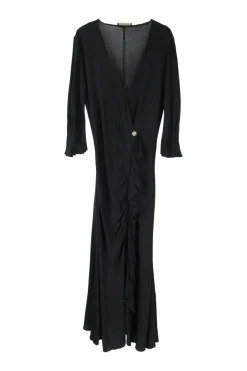 Black draped viscose jersey ruched wrap-effect short sleeve dress with diamante logo brooch appliqué
