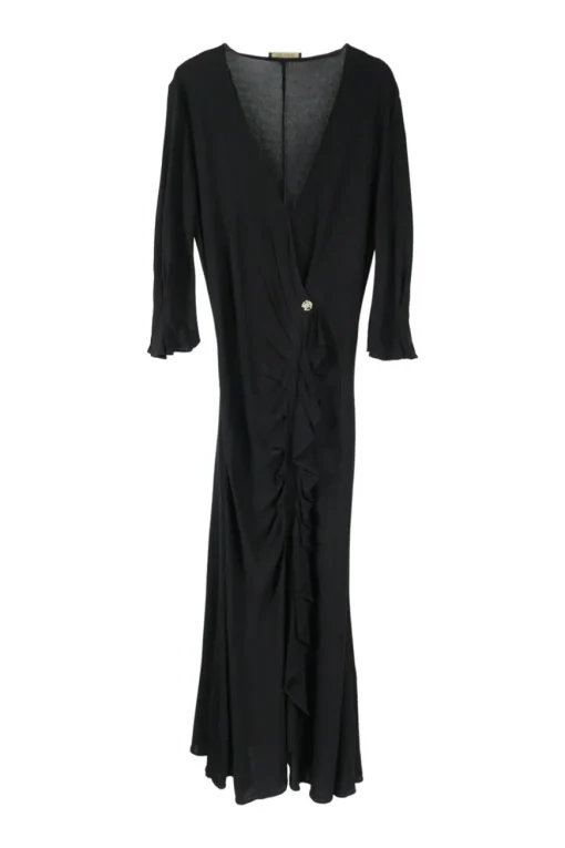 Black draped viscose jersey ruched wrap-effect short sleeve dress with diamante logo brooch appliqué
