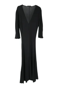 Black draped viscose jersey ruched wrap-effect short sleeve dress with diamante logo brooch appliqué