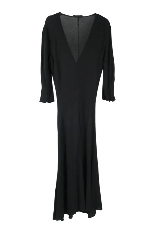 Black draped viscose jersey ruched wrap-effect short sleeve dress with diamante logo brooch appliqué