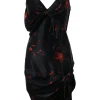 Black draped viscose satin floral print knotted plunge neck slip dress