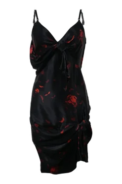 Black draped viscose satin floral print knotted plunge neck slip dress