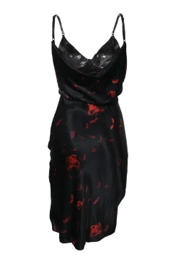 Black draped viscose satin floral print knotted plunge neck slip dress
