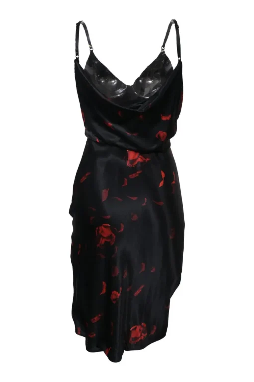 Black draped viscose satin floral print knotted plunge neck slip dress