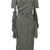 Black draped viscose-blend graphic houndstooth print keyhole-front wrap-front bell sleeve sheath dress with slit-front skirt