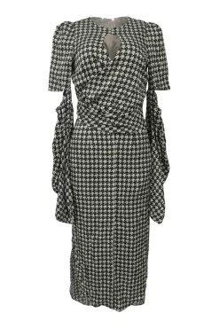 Black draped viscose-blend graphic houndstooth print keyhole-front wrap-front bell sleeve sheath dress with slit-front skirt