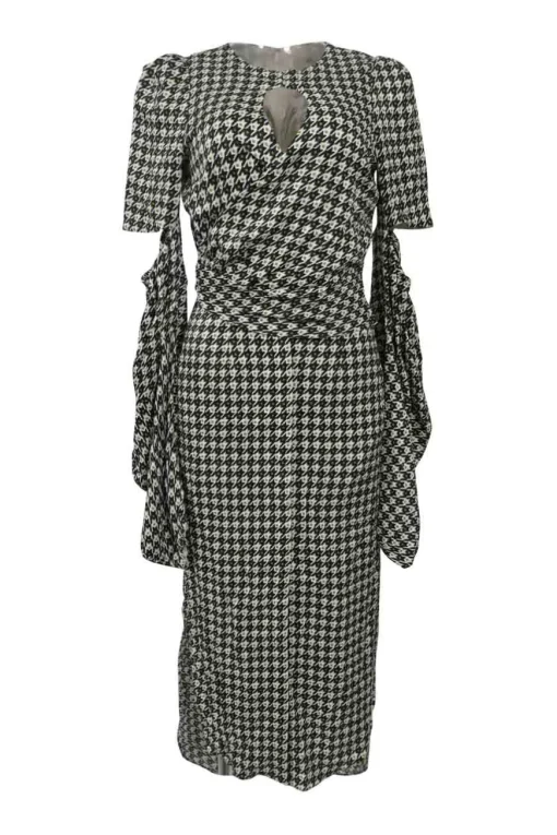 Black draped viscose-blend graphic houndstooth print keyhole-front wrap-front bell sleeve sheath dress with slit-front skirt