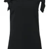 Black draped viscose-blend raw-edge bateau neck cap flutter sleeve blouse