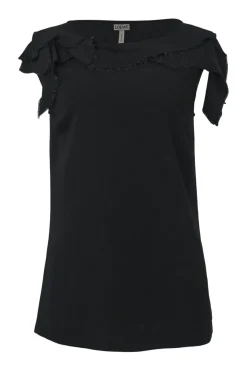 Black draped viscose-blend raw-edge bateau neck cap flutter sleeve blouse