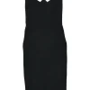Black draped viscose-blend interlock knit pencil sheath dress with scalloped flutter sleeves and hem