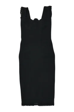Black draped viscose-blend interlock knit pencil sheath dress with scalloped flutter sleeves and hem