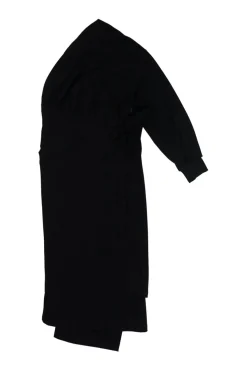 Black draped viscose-blend one shoulder apron-style midi knit sheath dress